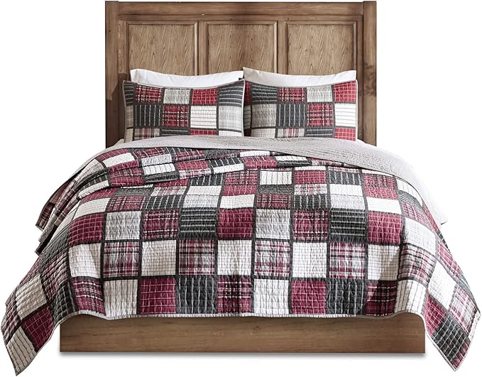 Woolrich Reversible Quilt Cabin Lifestyle Design - All Season, Breathable Coverlet Bedspread Bedding Set, Matching Shams, Oversized Full/Queen, Tulsa Plaid Red/Grey 3 Piece