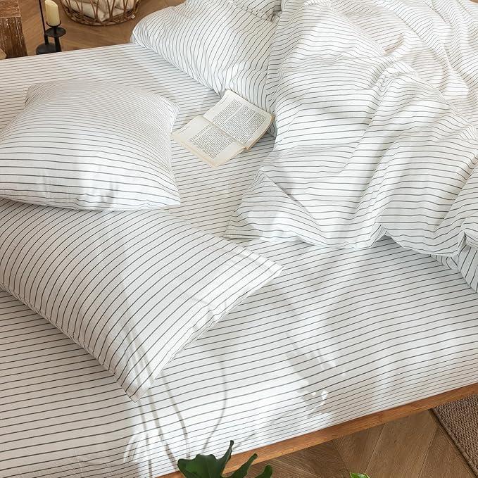 MooMee Striped Duvet Cover Set 100% Washed Cotton Linen Like Textured Breathable Durable Soft Comfy (White Heathered Green Wide Stripes, Super King Plus 120"x120")
