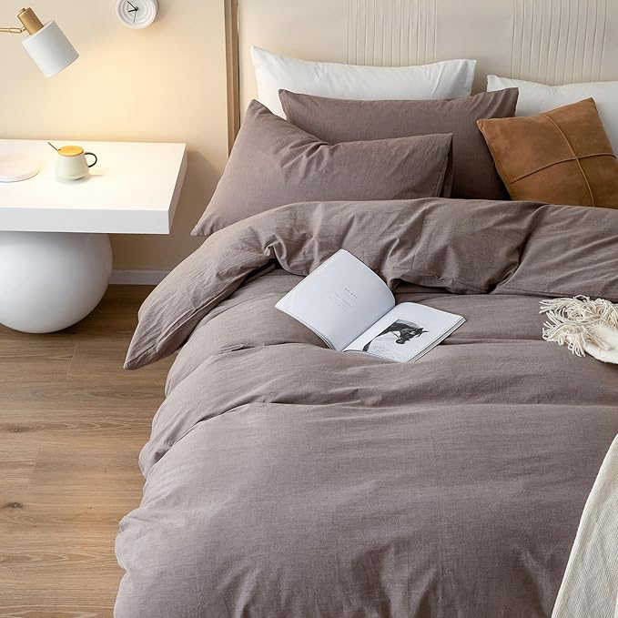 JIYUAN 100% Washed Cotton Duvet Cover Set 3 PCS Super King Plus, 1 Duvet Cover 120x120 Inches(Comforter Not Included) and 2 Pillowcases,Linen Like Comfy and Breathable, Heathered Mauve Brown