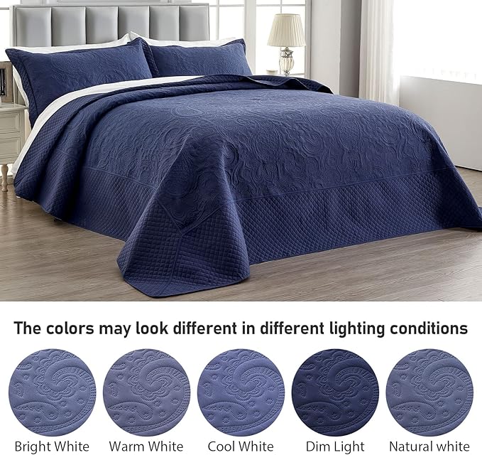 Qucover Oversized King Bedspreads, 3 Piece Soft Microfiber Lightweight Oversized King Quilt 128x120, Elegant Paisley Ultrasonic California King Bedspread Bedding Coverlets, Navy Blue