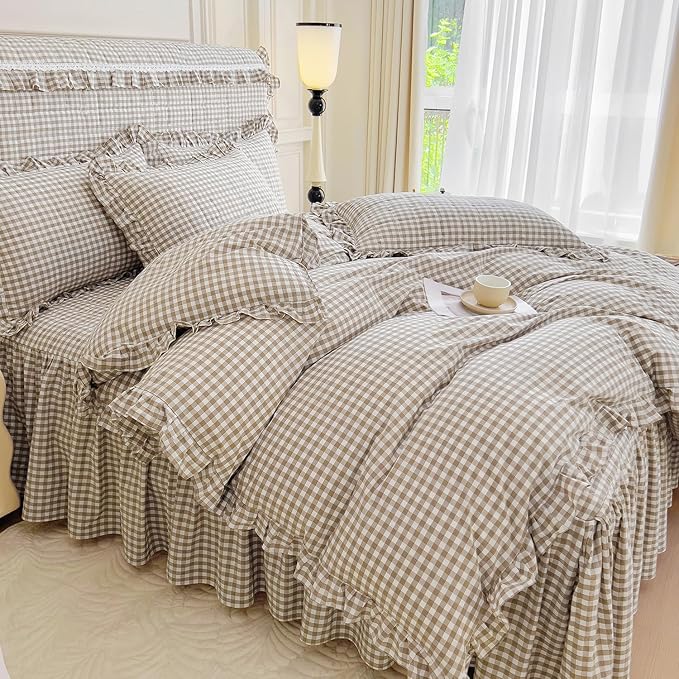 LifeTB Queen Comforter Set Tan Gingham Comforter Ruffle Beige Taupe Plaid Comforter Set 3 Pieces Fluffy Vintage Checkered Grid Bed Comforter with 2 Pillowcases Gingham Bedding Set Queen