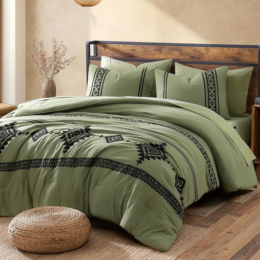 MaiRêve Embroidery Comforter Sets Full Size, Light Olive Green Western Boho Bedding Set 7 Pieces, Farmhouse All Season Bed in A Bag Comforter Set with Sheets, Pillowcases & Shams
