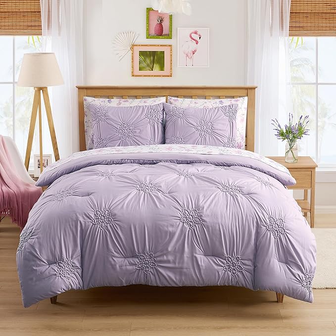 Floral Pintuck Comforter Set Full Size – Bed in a Bag with Sheets, Pillowcases & Shams – Soft Stylish Sports Bedding – All Season Boys Basketball Bed Set
