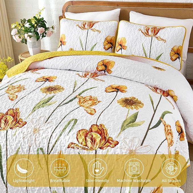 WONGS BEDDING Yellow Quilt Set Queen Size, Colorful Floral Quilt Set with 2 Pillowcase, Lightweight Spring Summer Farmhouse Coverlet Set for All Season (96"x90")