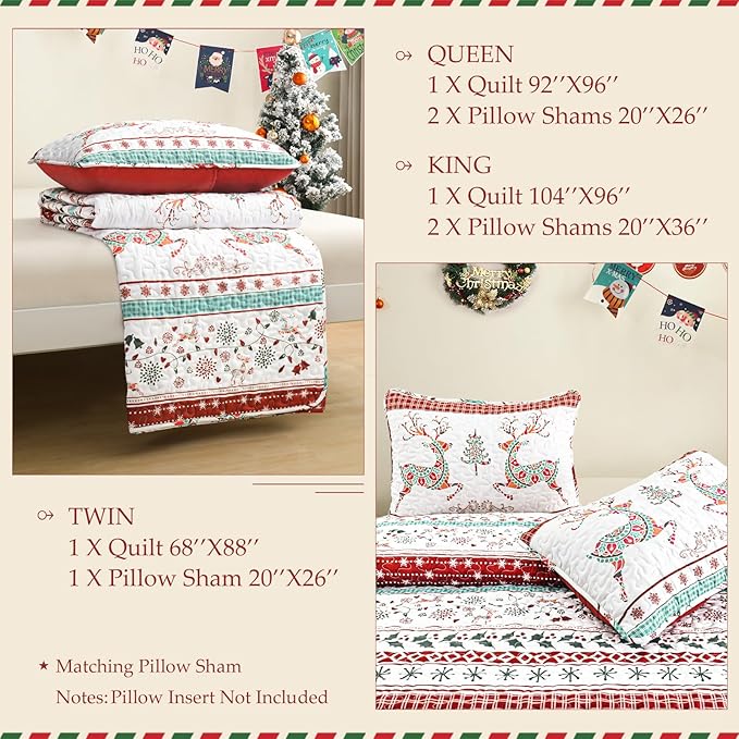 Exclusivo Mezcla Reversible Christmas Quilts Queen Size, Red Bedspread Lightweight Coverlet Winter Quilt Bedding Set with Printed Striped Flowers Reindeer Pattern (1 Quilt, 2 Pillow Shams)