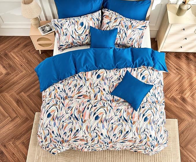 Queen Size Duvet Cover Set with Button Closure - Multicolor Leaves Botanical Luxury Bedding for a Comfortable Sleeping
