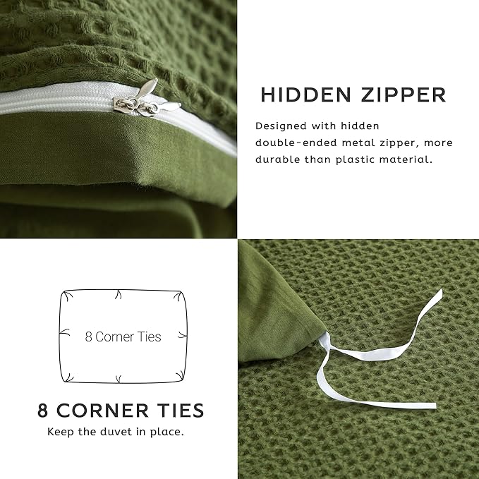 SE SOFTEXLY Waffle Duvet Cover Queen, 100% Cotton Waffle Weave Bedding Duvet Cover Set, Soft and Breathable Comforter Cover for All Season, 3 Pieces Including Pillow Shams（Green, 90”x90”）