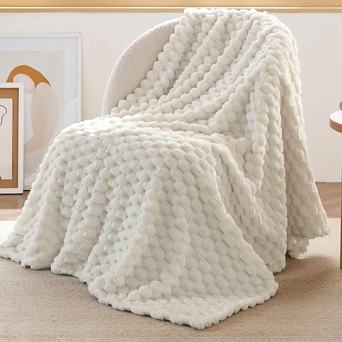 Bedsure Large Throw Blanket for Couch - 350GSM Fluffy Plush Bubble Blanket for Bed Home Room Decor, GentleSoft Cute Fleece Soft Cozy Gifts for Women Girls, Off White, 50x70 Inches