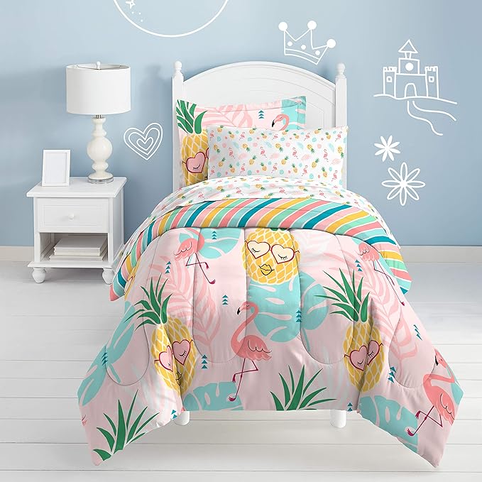 dream FACTORY Easy-Wash Super Soft Microfiber Comforter Bedding, Twin, Pineapple Pink