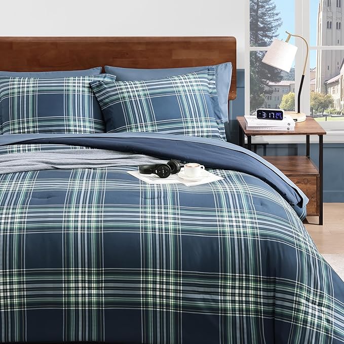 Plaid Full Comforter Sets, Midnight Blue Bedding Set 7 Pieces for Boys Girls Teen, Classic Farmhouse Bed in a Bag for Dorm with Sheets, Pillowcases & Shams