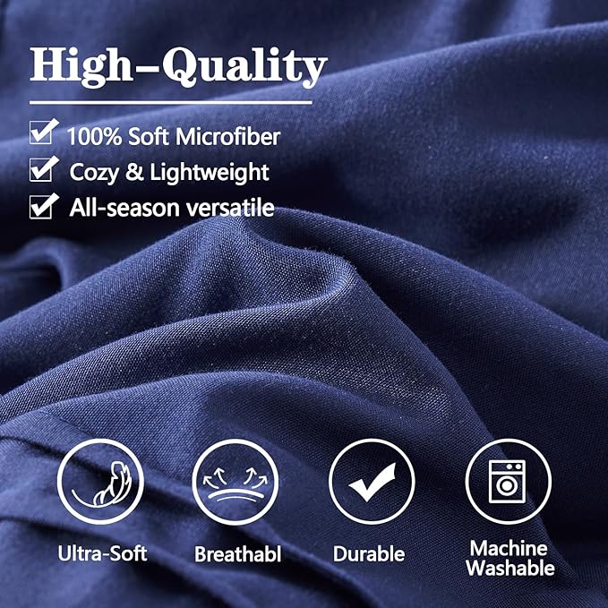 Yogeneg Full Size Comforter Set 7 Piece Bed in a Bag,Grid Pinch Pleat Navy Blue Bedding Set,Striped Textured Soft Microfiber Comforter with Sheet Set,All Season Complete Bed Set(Navy Blue,Full)