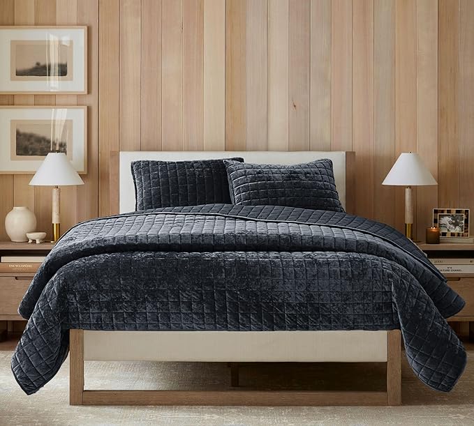 Luxurious Velvet Quilt California King Size Set 106" x118" Ultra Soft Bedding Set Quilted Bedspread Coverlet with 2 Matching Pillow Shams for All Seasons,Blue Gray