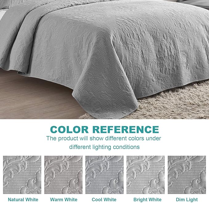 Hansleep Grey Quilt Twin Size - Damask Ultrasonic All Season Bedspread Twin, Soft Lightweight Coverlet Bedding Set, 2 Pieces (1 Quilt, 1 Pillow Sham)