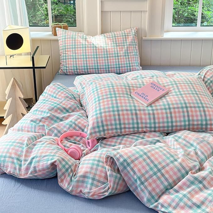LifeTB Gingham Comforter Set King 3 Pieces Multi-Colored Grid Comforter Lightweight Checkered Plaid Comforter Set with 2 Pillowcases Fluffy Soft Grid Printed Pattern Farmhouse Gingham Bedding Set