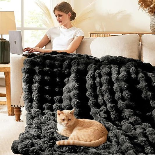 L'AGRATY Faux Rabbit Fur Blanket: 90" x 90" Queen Luxury Soft Fluffy Thick Fur Throw Blanket for Couch Bed Sofa - Cozy Plush Bubble Blankets for Winter: Flannel Fleece Decorative Blanket(Black)