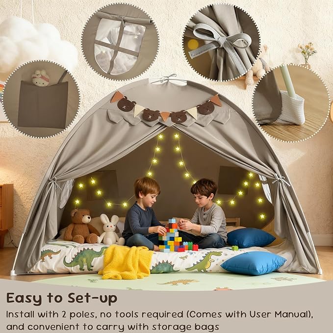 Full Bed Tent, Bunk Bed Tent Canopy with Stars Light & Flags, Breathable Sleeping Drafty, Privacy Space Dream Playhouse for Indoor Floor, Birthday Gifts, Grey