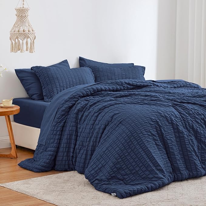 Love's cabin Seersucker Dark Blue California King Comforter Set, 7-Piece All Season Lightweight Bed in a Bag Bedding Set with Comforter, Flat Sheet, Fitted Sheet, Pillowcases and Shams | Soft, Breathable, Lightweight
