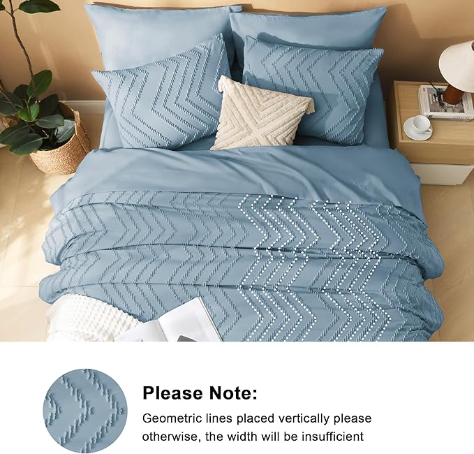 Litanika Twin XL Comforter Set Dusty Blue - Boho Tufted Shabby Chic Bed in a Bag for College Dorm, 5 Pieces Fluffy Soft Farmhouse Bed Set for All Seasons