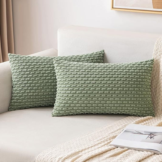 MIULEE Pack of 2 Decorative Lumbar Throw Pillow Covers 12x20 Inch Soft Boho Striped Textured Corduroy Pillow Covers Spring Modern Farmhouse Home Decor for Couch Bed Sofa Living Room Sage Green