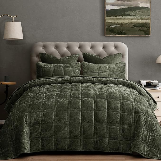 PHF Ultra Soft Velvet Quilt Set King Size – 3PCS Luxurious Cozy Quilted Comforter Alternative with Diamond Pattern, Warm Quilted Bedspread Coverlet, 108" x 92", Smokey Olive