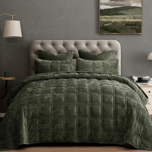 PHF Ultra Soft Velvet Quilt Set Twin Size – 2PCS Luxurious Cozy Quilted Comforter Alternative with Diamond Pattern, Warm Quilted Bedspread Coverlet, 68" x 92", Smokey Olive