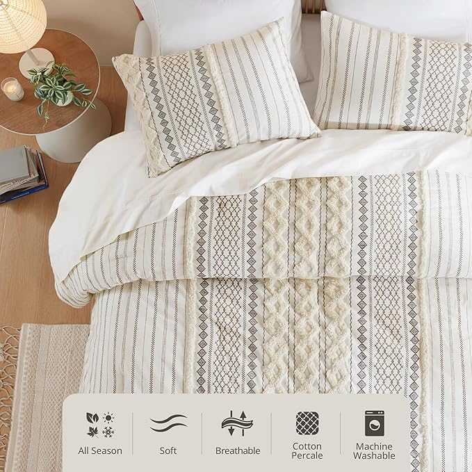 INK+IVY Comforter for Queen Size Bed, Chenille Tufted, Breathable Cotton Comforter Set Queen, All Season Modern Boho Comforter with Farmhouse Bedding Flare, 2 Matching Shams, Queen Ivory 3 Piece