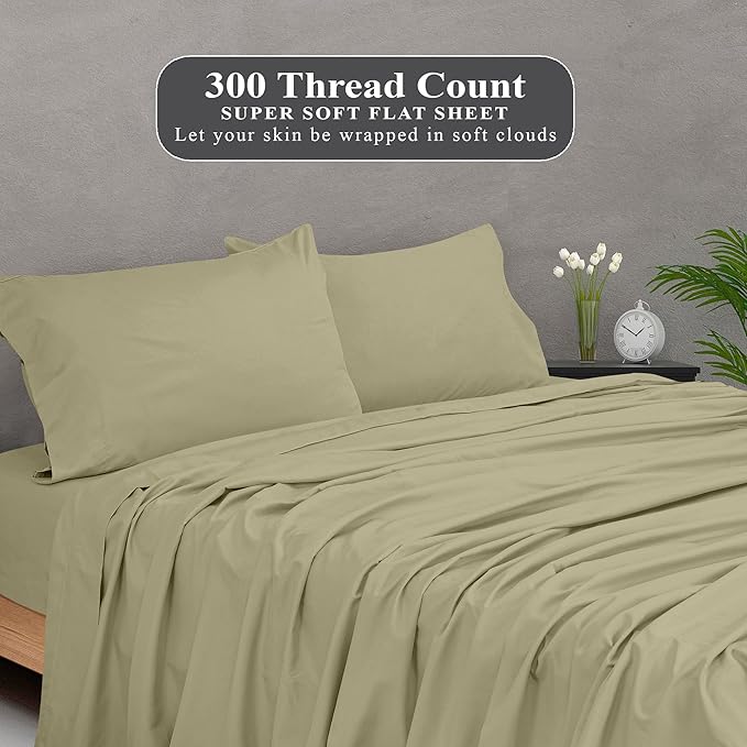Royale Linens 300 Thread Count 100% Long Staple Combed Cotton Flat Sheet - Super Soft - Top Sheets - Full Flat Sheet Sold Separately - Breathable, Cool & Crisp Percale Sheets Only (Twin XL,Sage Green)