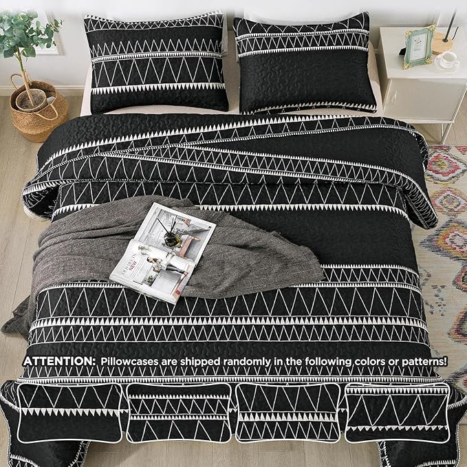 Andency Black Oversized King Quilt Set, 3 Pieces Boho Lightweight Soft Striped Bedspread for All Season (120"x98"), Printed Bohemian Microfiber Reversible Coverlet Comforter Sets