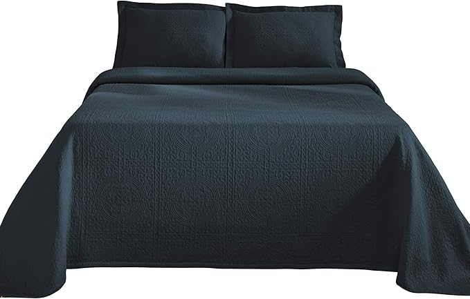 Superior Cotton Fleur De Lis Bedspread Set, Warm Blankets, All-Season Bedding, Bedroom Decor, Decorative Boho Medallion Coverlet, Includes 1 Bedspread, 2 Pillow Shams, Full, Deep Sea