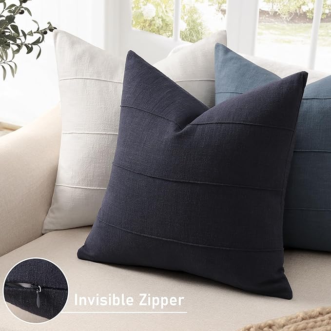 ZWJD Decorative Linen Throw Pillow Covers 16x16 Set of 2 Solid Handcrafted Striped Cushion Covers for Bed Soft Modern Farmhouse Neutral Pillowcase for Couch Bedroom Living Room Home Decor(Dark Navy)