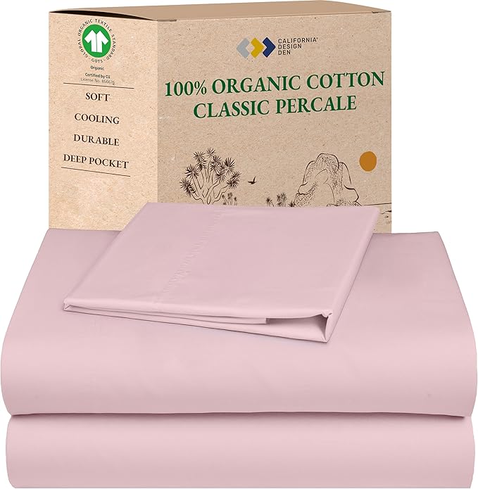 California Design Den Soft 100% Organic Cotton Bed Sheets Twin Size Set with Deep Pockets - Crisp Percale Sheets, Breathable and Durable Bedding Set (Pink - Chalky Tone)