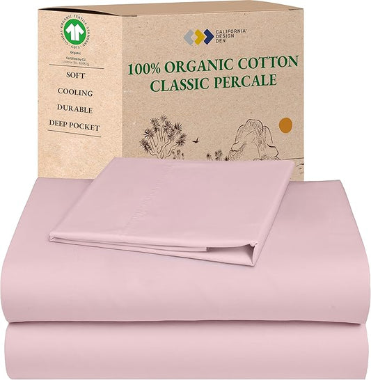 California Design Den Soft 100% Organic Cotton Bed Sheets Twin Size Set with Deep Pockets - Crisp Percale Sheets, Breathable and Durable Bedding Set (Pink - Chalky Tone)