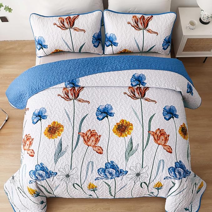 WONGS BEDDING Blue Quilt Set King Size,Cute Floral Botanical Bedspread Bedding Set with 2 Pillowcase,Lightweight Farmhouse Coverlet Set for All Season (104"x90")
