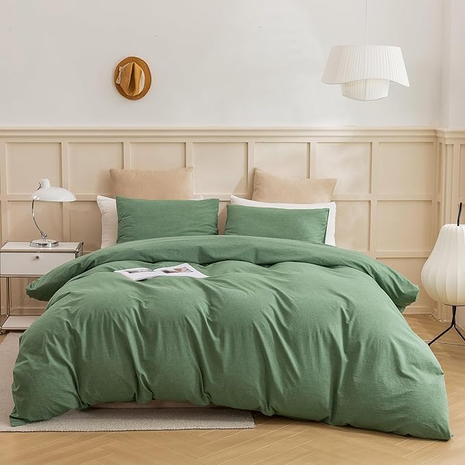 ECOCOTT Sage Green Duvet Cover King Size, 3 Piece 100% Washed Cotton 1 Duvet Cover with Zipper and 2 Pillowcases, Ultra Soft and Easy Care Breathable Cozy Bedding Set(Sage Green, King)