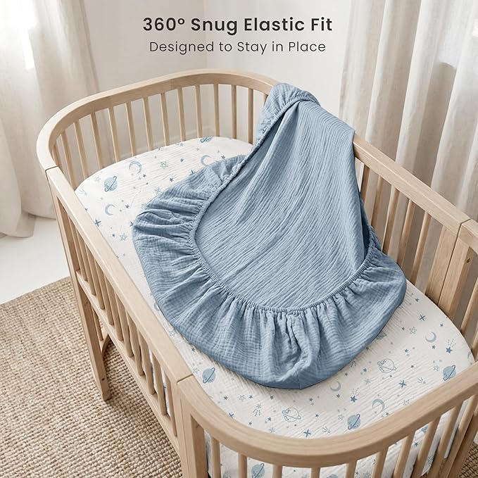 Konssy 2 Pack Muslin Bassinet Sheets for Boys, Girls, 100% Cotton Soft Breathable Fitted Bassinet Mattress Sheet, 33 x 21 inches (Star,Blue)