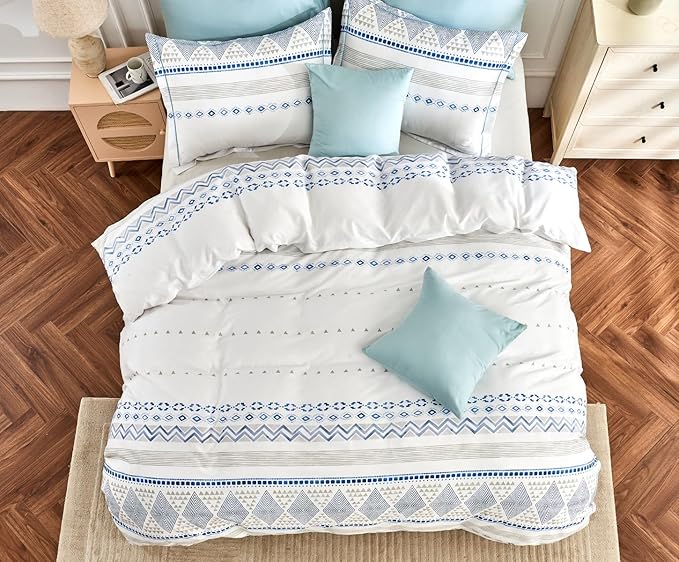 SLEEPBELLA Boho King Size Duvet Cover Set - Cotton Reversible Blue/White with Button Closure & Soft, Breathable Fabric