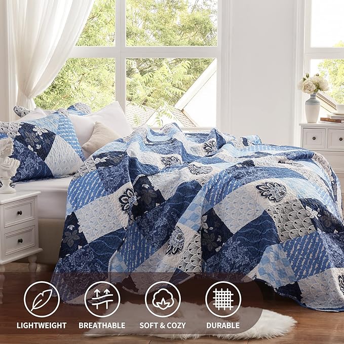 Full/Queen Size Quilt Set 3 Pieces Lightweight Reversible Bedspread-90''x98'' Soft Patchwork Floral Coverlet Luxurious Warm Microfiber Bed Cover All Seasons Blue Bedding Set(1 Quilt,2 Pillow Shams)