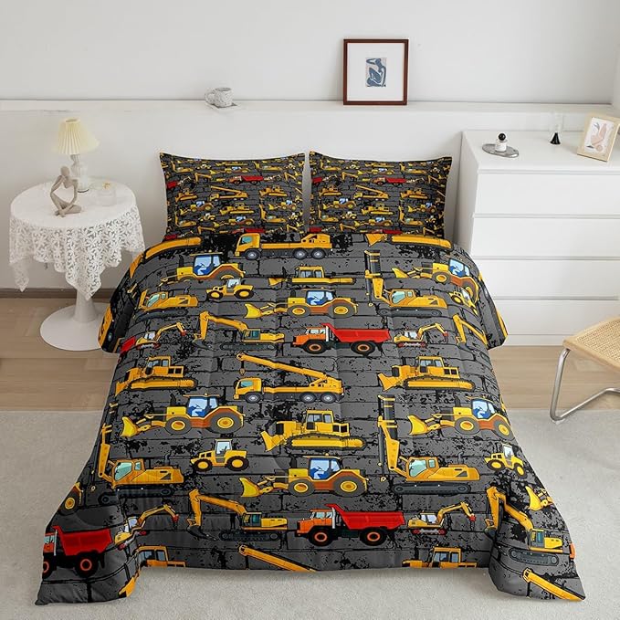 Erosebridal Excavator Comforter Set King,Tractor Construction Bedding Set for Kids Boys Teens Truck Room Decor,Cartoon Vehicle Car Bedding Comforter Construction Site Duvet Set Yellow Dark Grey 3 Pcs