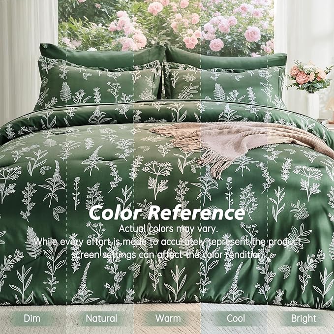 MUXHOMO Dark Green Full Comforter Set, Elegant Floral Print Bed in a Bag 7 Pieces, Ultra Soft & Breathable Reversible Botanical Pattern Bedding Set with Comforter, Sheets, Pillowcases, and Shams