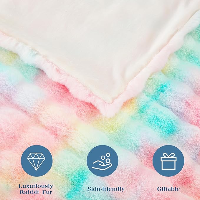 DREAMNINE Oversized Colorful Soft Thick Bubble Faux Fur Throw Blanket Twin Size 60" x 70", Luxury Big Fuzzy Bed Blankets,Warm Cozy Furry Blanket for Winter,Cute Lovely Blankets for Girl Women,Rainbow