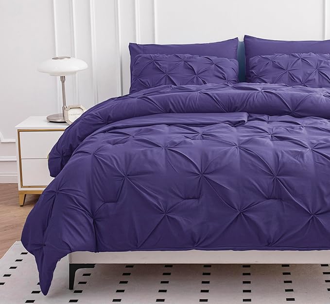 LANE LINEN Queen Size Comforter - Set of 7 Piece - Refined Pintuck Finish for Hotel Style Bedding - Ultra Soft Microfiber All Season Complete Bed in a Bag - Everyday Comfort for Home Bedrooms – Purple | Apartment ready, Ultra smooth fabric, All season ...