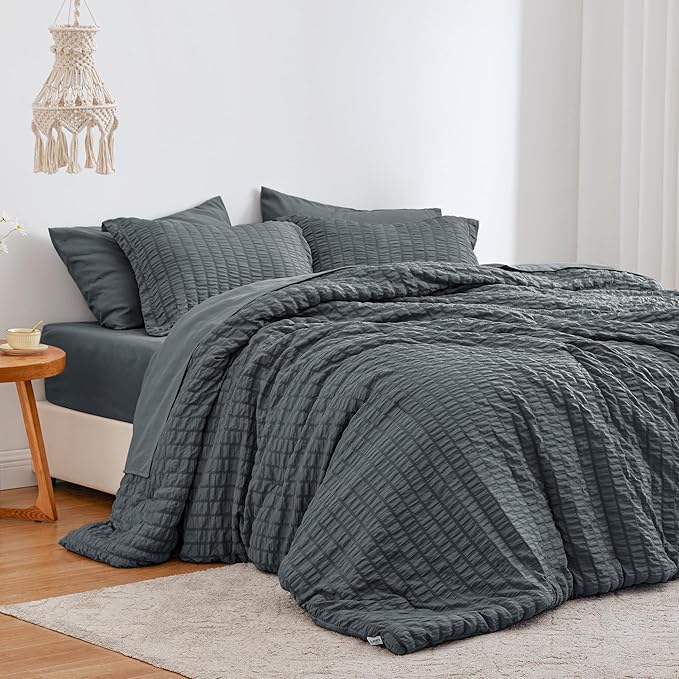 Love's cabin Seersucker Charcoal Grey Queen Comforter Set, 7-Piece All Season Lightweight Bed in a Bag Bedding Set with Comforter, Flat Sheet, Fitted Sheet, Pillowcases and Shams | Soft, Breathable, Lightweight
