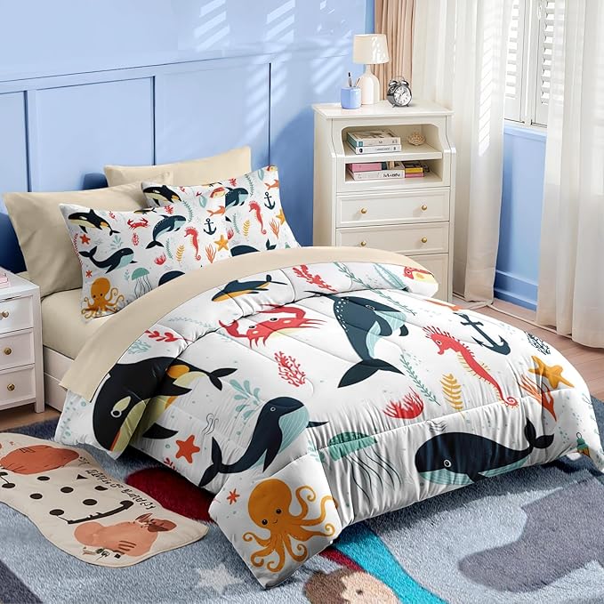 Nesker 7 Pcs Comforter Set Full Size, Whales Octopuses Seahorses Bedding for Kids Teen, Ocean Sea Animal with Fitted Sheet 2 Pillowcases & 2 Shams for Bedroom Bed Decor