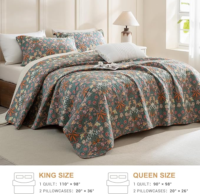 QSH 100% Cotton Floral Quilt Sets Queen Bedding Set (90"x98")-3PCs Luxury Paisley Botanical Flower Printed Quilted Bed Set Soft Lightweight Bedspread Coverlet Queen Set with Pillowcases
