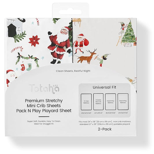 Christmas Pack and Play Sheets Fitted, Buttery Soft Graco Pack n Play Sheets for Boys and Girls - Stretchy Microfiber Mini Crib Sheets 2-Pack, Santa Claus, Reindeer, X-mas Elf
