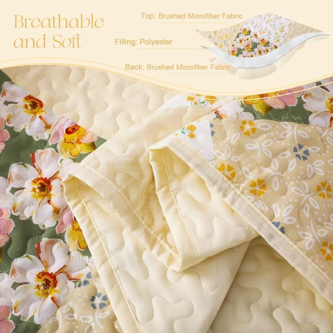 Exclusivo Mezcla Reversible Boho Quilts King Size, Yellow Bedspreads Lightweight Coverlet All Season Patchwork Quilt Bedding Set with Printed Floral Pattern (1 Quilt, 2 Pillow Shams)