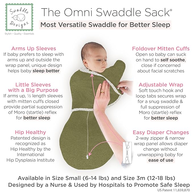 SwaddleDesigns 6-Way Omni Swaddle Sack, Arms Up Swaddle for Newborn, More Options to Calm Startle Reflex, Improves Sleep, 12-18 lbs, Heathered Green Turtle