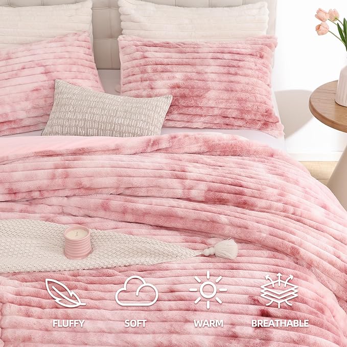 Smoofy Fluffy Full Size Comforter Sets 3 Pieces - Tie-dye Pink Fleece Fluffy Comforter Set, Luxury Fuzzy Full Bed Set, Soft Comforter Full Size All Season, Heavy Faux Fur Comforter with 2 Pillow Case