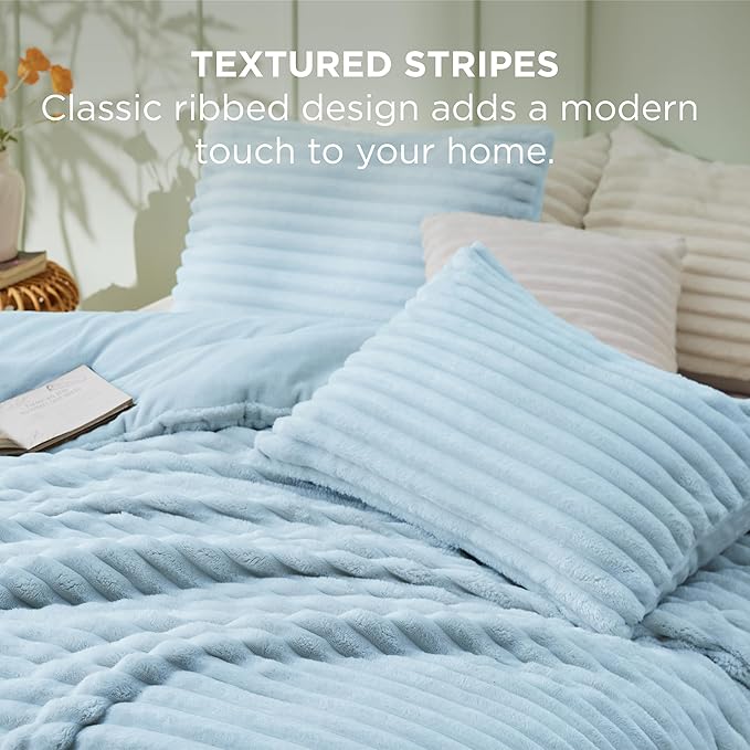 Bedsure King Size Comforter Set - GentleSoft™ 3 Pieces Fluffy Double-Side Fleece Comforter Set, Cozy Striped Room Decor Aesthetic, Luxury Light Blue King Bedding with 2 Pillowcases, 104x90 Inches