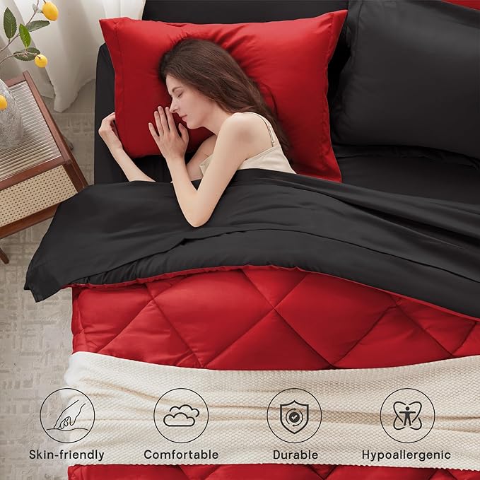 Anluoer Queen Comforter Set -7 Pieces Bed in a Bag Queen Size, Reversible Bed Set with 1 Comforter(88"*88"), 2 Pillow Shams, 2 Pillowcases, 1 Flat Sheet, 1 Fitted Sheet, Red & Black